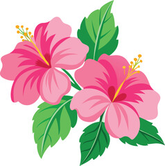 Vibrant pink hibiscus flowers with lush green leaves a tropical botanical illustration perfect for summer and floral designs