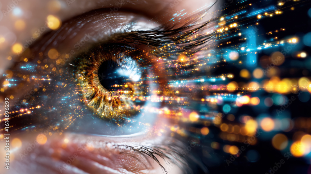 Poster close-up of woman's profile with digital data overlay merging human features and futuristic technolo