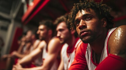 Fototapeta premium Sweating basketball player with red uniform, indoor gym.