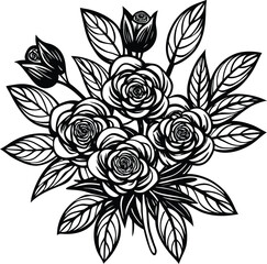 Elegant black and white illustration of a lush bouquet featuring detailed roses and abundant leaves