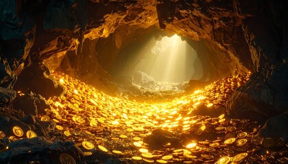 Sunlit cave entrance revealing a vast treasure of gold coins