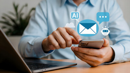Man using smartphone with ai, email, chatbot and cloud icons overlaying phone