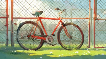 Fototapeta premium Red bicycle leaning against a wire fence.