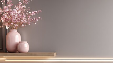 Decorative pink vases with dried flowers on a wooden shelf.