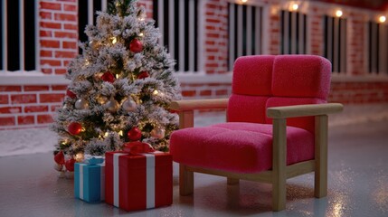 Red chair beside decorated Christmas tree with wrapped presents in cozy indoor holiday setting.