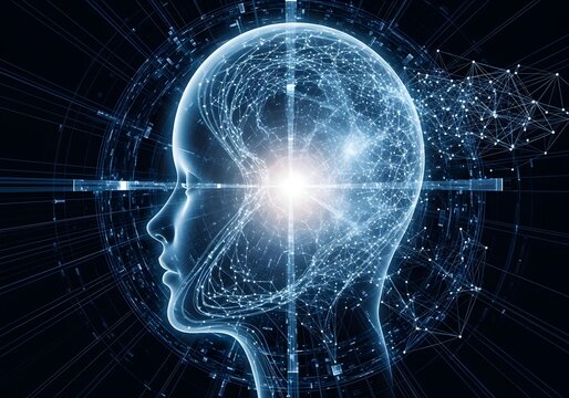 Futuristic head with glowing neural network and light rays