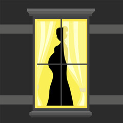 Silhouette of a pregnant girl in the window.Vector illustration.