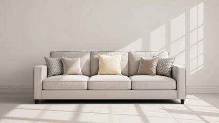 Modern light gray sofa with decorative pillows bathed in soft natural sunlight.