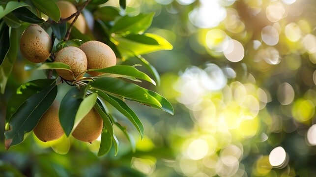 A sapodilla tree with ripe sapodillas hanging