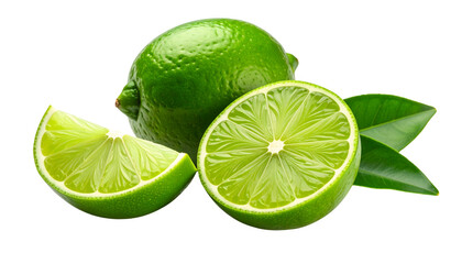 Green citrus fruit, fresh lime with mint and a half slice, isolated on a white background