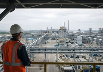 Naklejka premium Industrial complex with worker viewing operations