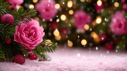 Pink rose resting on white snow beside a decorated green Christmas tree in a winter outdoor setting.