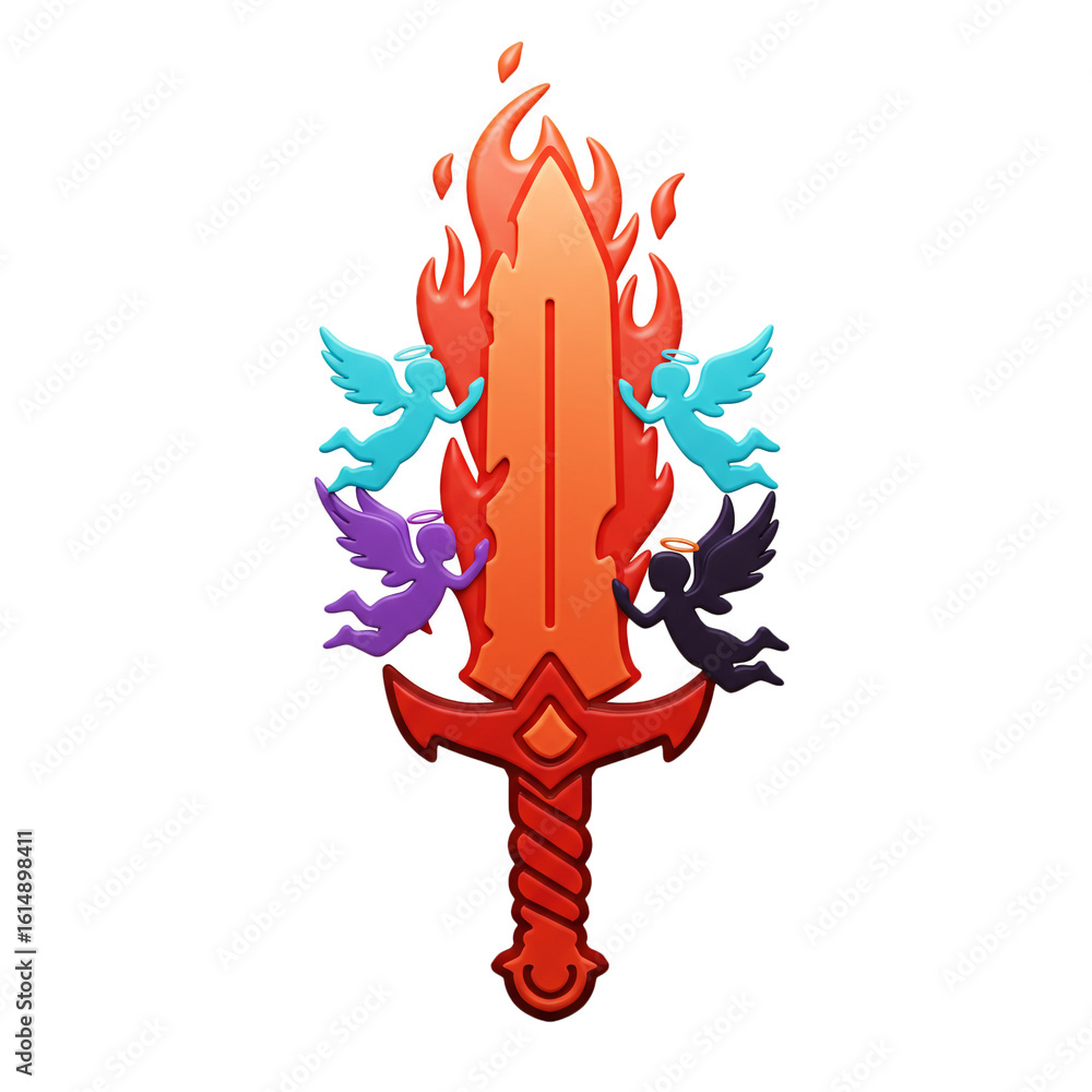 Poster a stylized flaming sword is surrounded by cherubic figures of various colors creating a striking fan