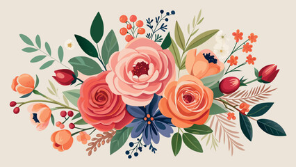 Vector art of a vibrant floral bouquet with roses, peonies, and berries