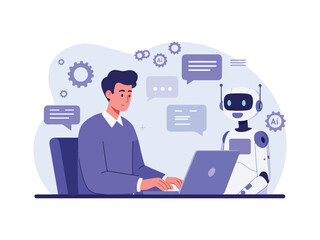 Character working as prompt engineer solving work tasks with generative AI model and chat bot. Artificial intelligence in business concept. Vector illustration.
