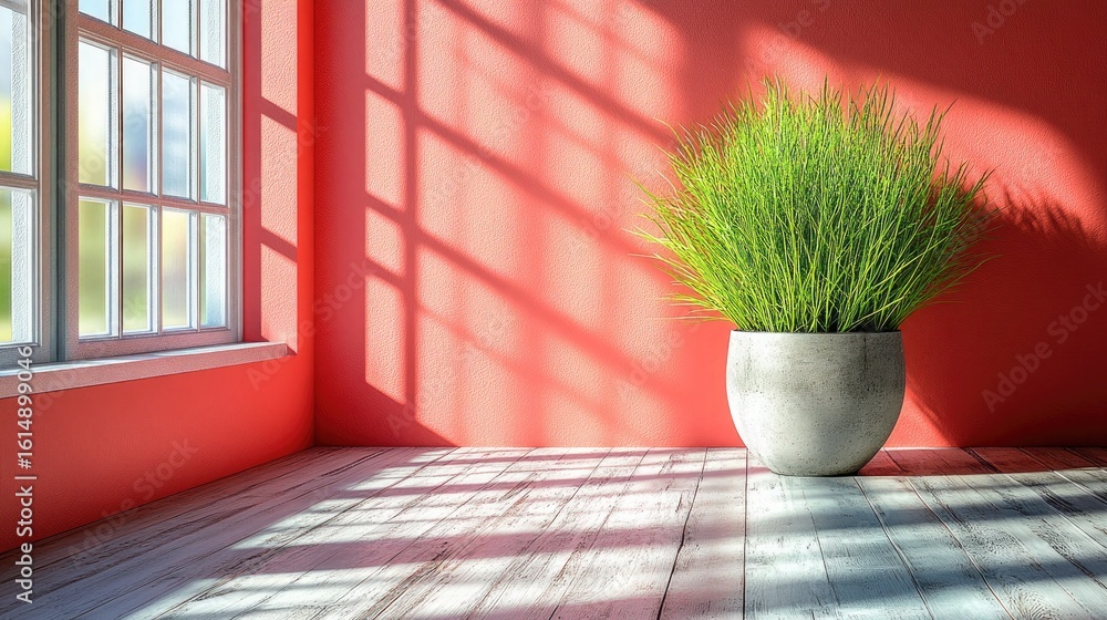 Poster sunlight falls on a red room with potted plant and wood floor. it is a versatile background for addi