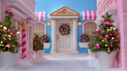 Miniature dollhouse with a green wreath on the white front door, set against a plain background.