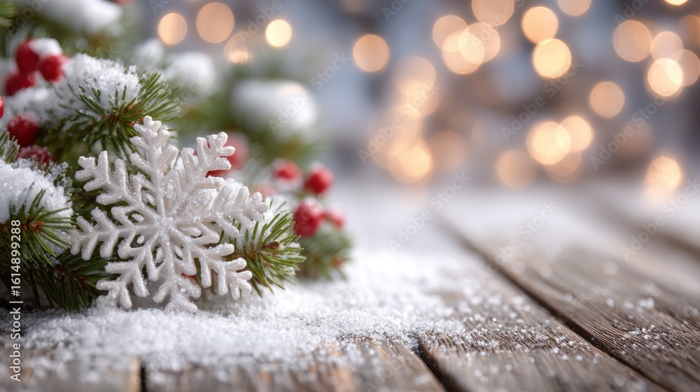 Aufkleber snow-covered pine branches with red berries arranged on rustic wooden table in soft daylight.