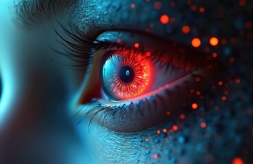 Futuristic cybernetic eye with glowing red iris, intricate digital circuitry. Close-up of mechanical vision, advanced technology concept. Science fiction design with illuminated detail, robotic
