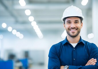 Man in hard hat with arms crossed smiles