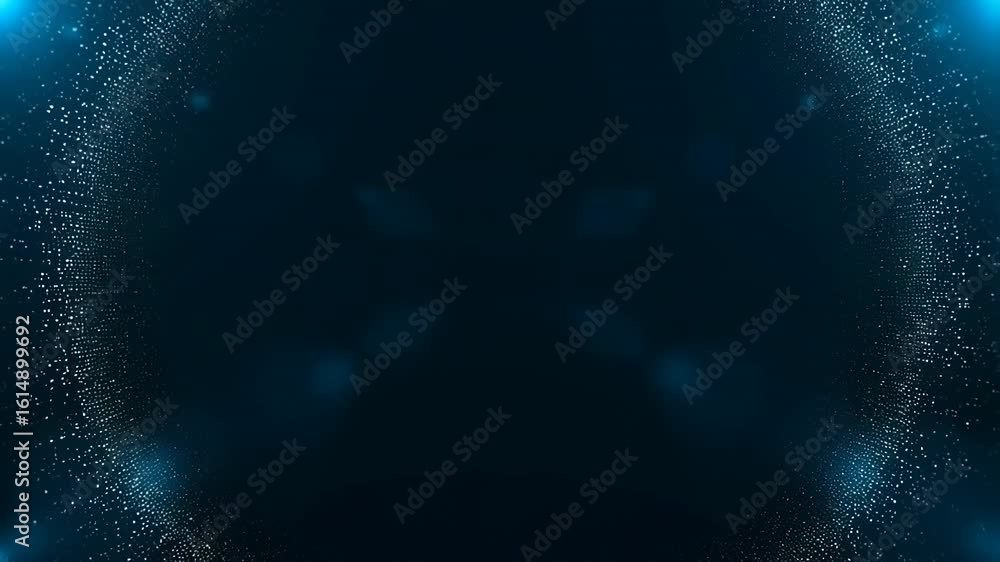 Poster particles form circular pattern in dark space with glowing blue light effects, creating cosmic atmos