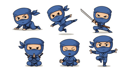 A set of six blue-clad chibi ninja characters, each in a distinct action or meditative pose
