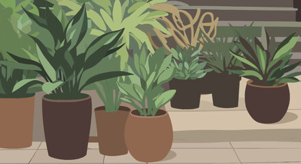 Potted plants arrangement on a tiled patio