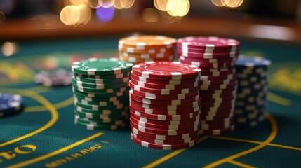 Fototapeta premium Many poker chips on a table with a green cloth