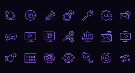 Purple outline icons set for business, technology, and communication