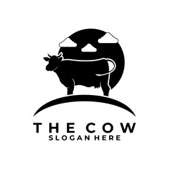 Cow Farm with Sun logo design vector. Ranch logo template