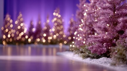 Purple Christmas trees arranged in a row with glowing lights in a dark festive background at night.