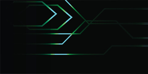 Minimalist cyber arrow circuit with glowing green and cyan lines on black background. Ideal for technology, futuristic, and digital network themes.