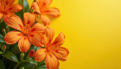 Fototapeta premium Vibrant orange blossoms flourish against sunny yellow background. This cheerful floral pattern features bright orange flowers with delicate petals and green foliage, evoking warm summer or spring day.