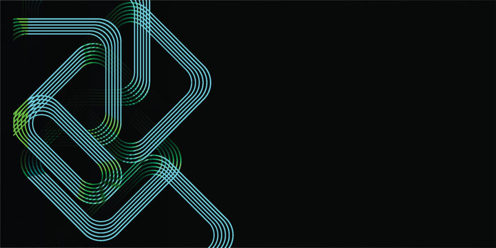 Futuristic glow line maze with layered green and cyan circuit paths on black background. Great for technology, abstract, and digital flow concepts.