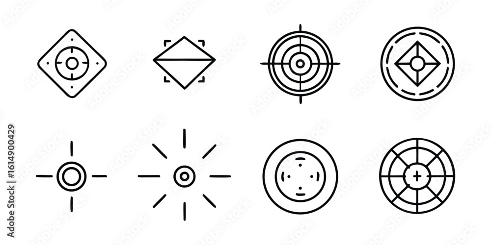 Poster vector art of a collection of eight minimalist target and reticle icons isolated on a white backgrou