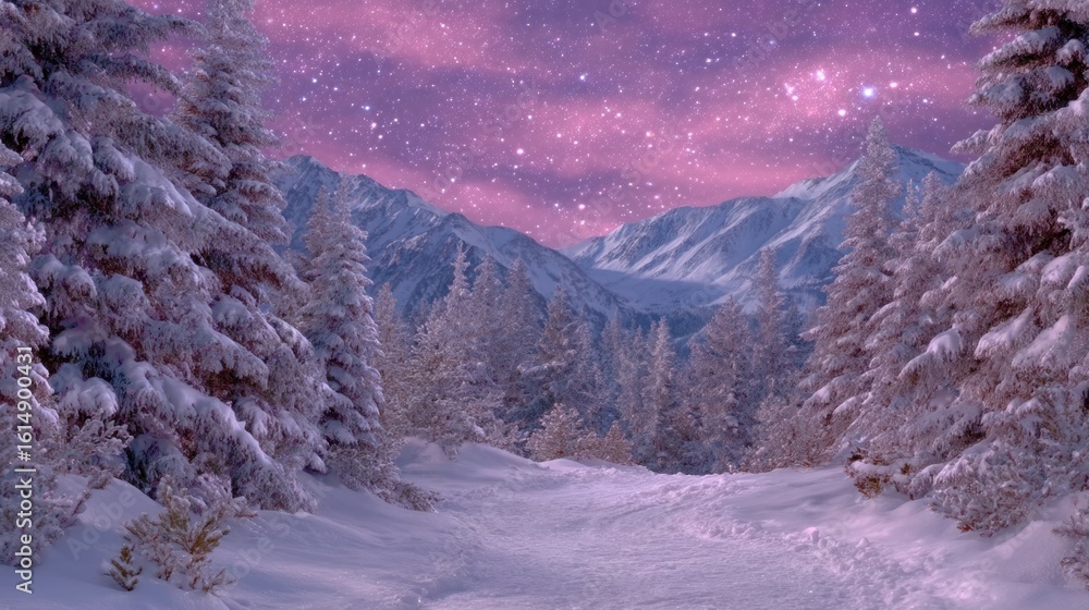 Poster snow-covered trees in front of a snowy mountain range under a clear sky during daylight.