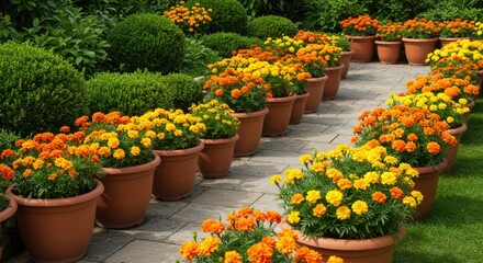 Vibrant Marigold Garden Path: Orange and Yellow Flowers in Terracotta Pots.