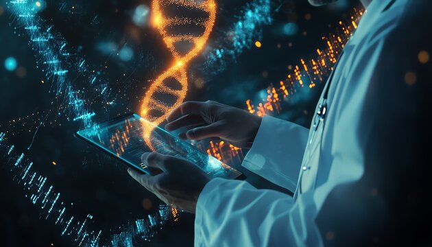 Scientist analyzing DNA data on digital tablet.