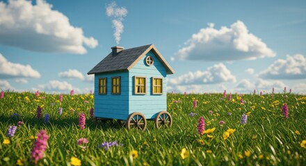 Whimsical Blue House on Wheels in a Vibrant Flower Meadow under a Sunny Sky