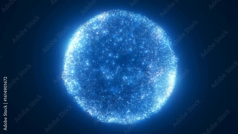 Poster glowing blue sphere of particles and stars rotating in space, emitting luminous energy and sparkles 