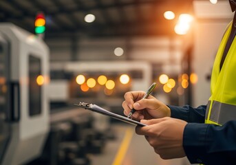 Person in highvisibility vest writing on clipboard in factory