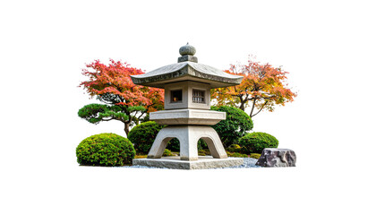 A tranquil Japanese garden with antique stone lanterns and wooden temple architecture on a white background