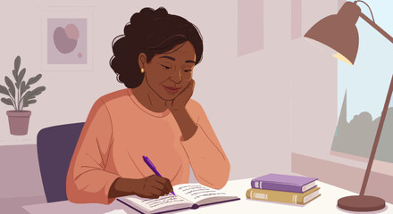 Woman Writing in Notebook, Cozy Room, Focused, Studying