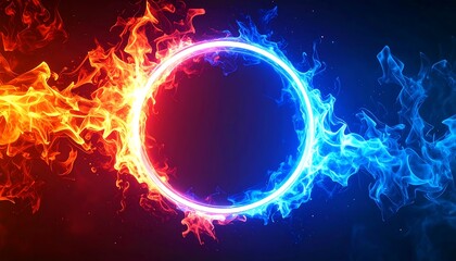 Obraz premium Fiery ring of red and blue flames on dark background