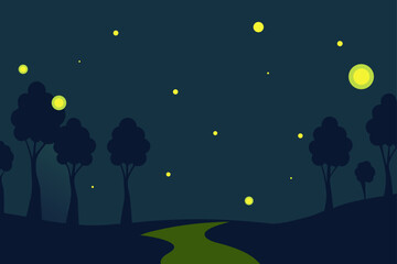 Night scene with fireflies glow