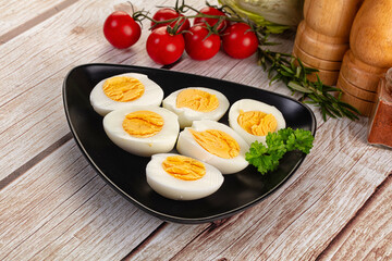 Boiled chicken eggs with bright yolk