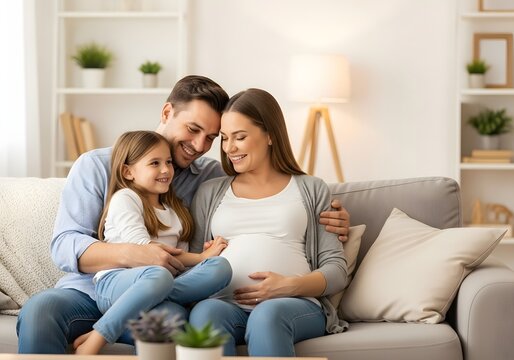 Pregnant woman husband daughter on couch