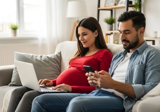 Pregnant woman and man using tech devices on a sofa - Powered by Adobe