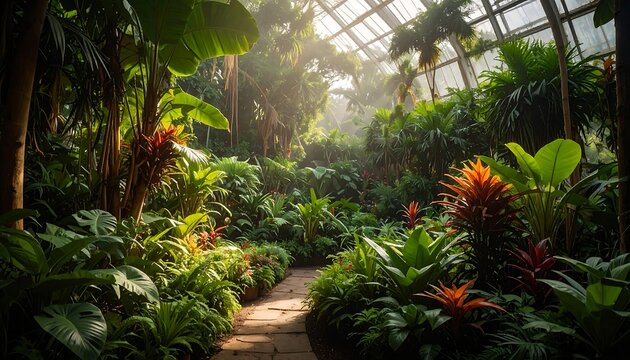 Sunlit path meanders through lush, tropical greenhouse foliage