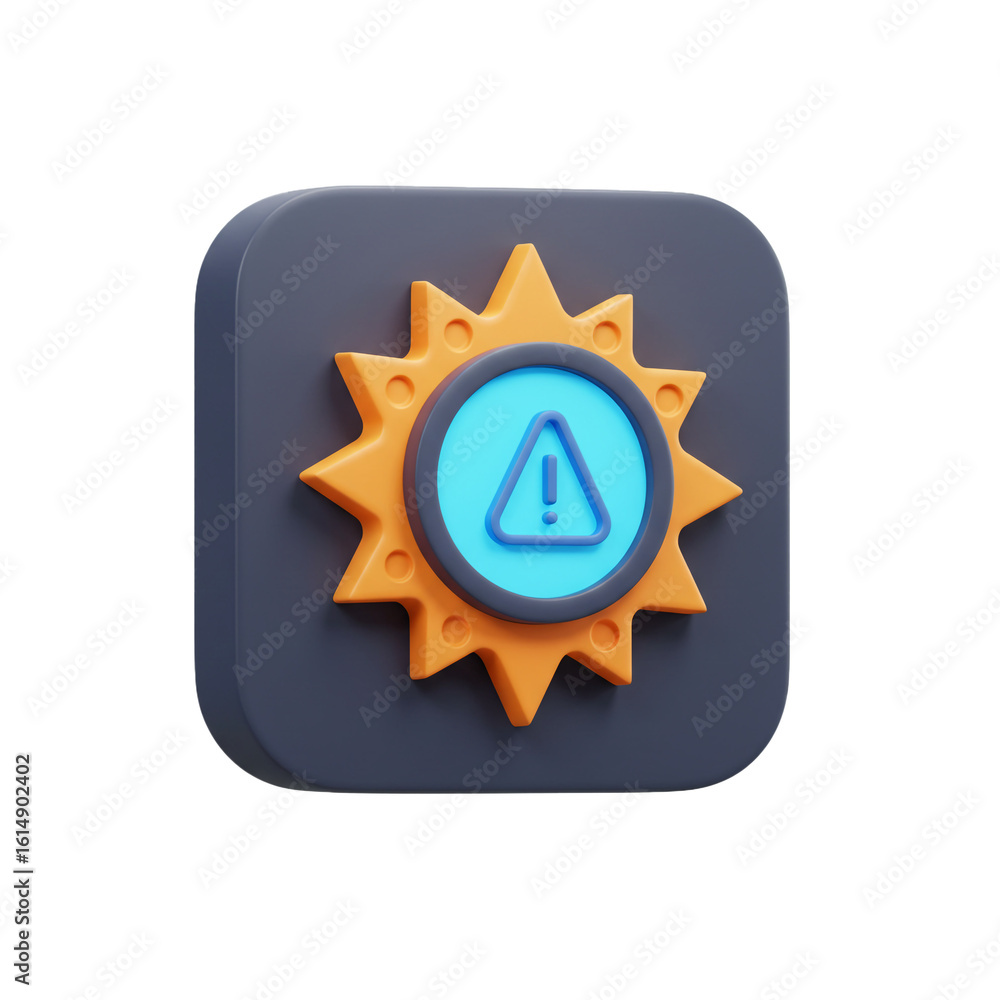 Poster a stylized icon depicting a warning sign within a sun-like shape suggesting caution or alert in a di
